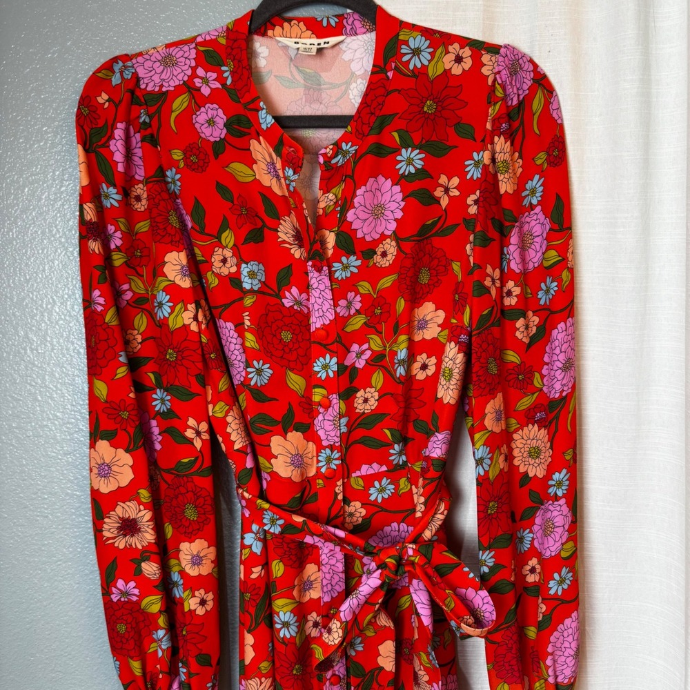 Boden Dress Women 6 Orange Mae Occasion Maxi Shirt Dress Floral LS Belted